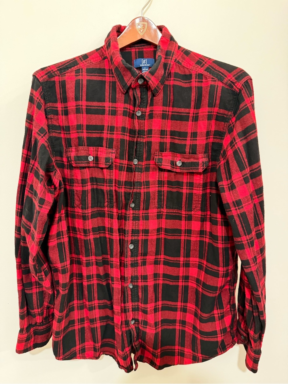George Red and Black Plaid Casual Button-Down Shirt L